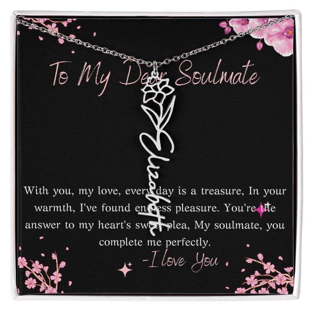 Custom Vertical Flower Name Necklace in cursive with birth flower charm on adjustable gold chain