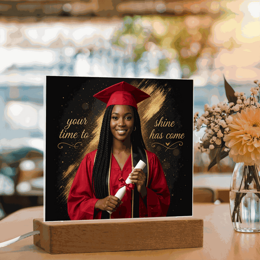 Graduate Glow Acrylic Keepsake with LED light-up wooden base displaying a high-resolution graduate photo