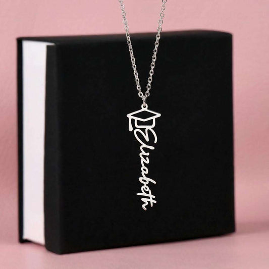 Personalized Graduation Memory Necklace with graduation cap charm in polished gold and stainless steel options