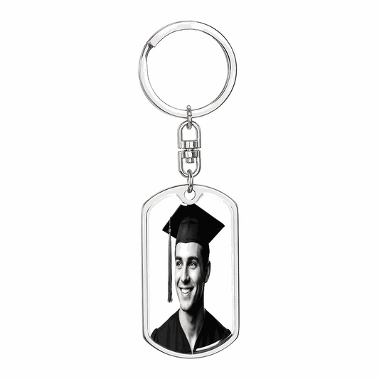 Personalized graphic dog tag keychain for him in stainless steel with swivel attachment and custom engraving options