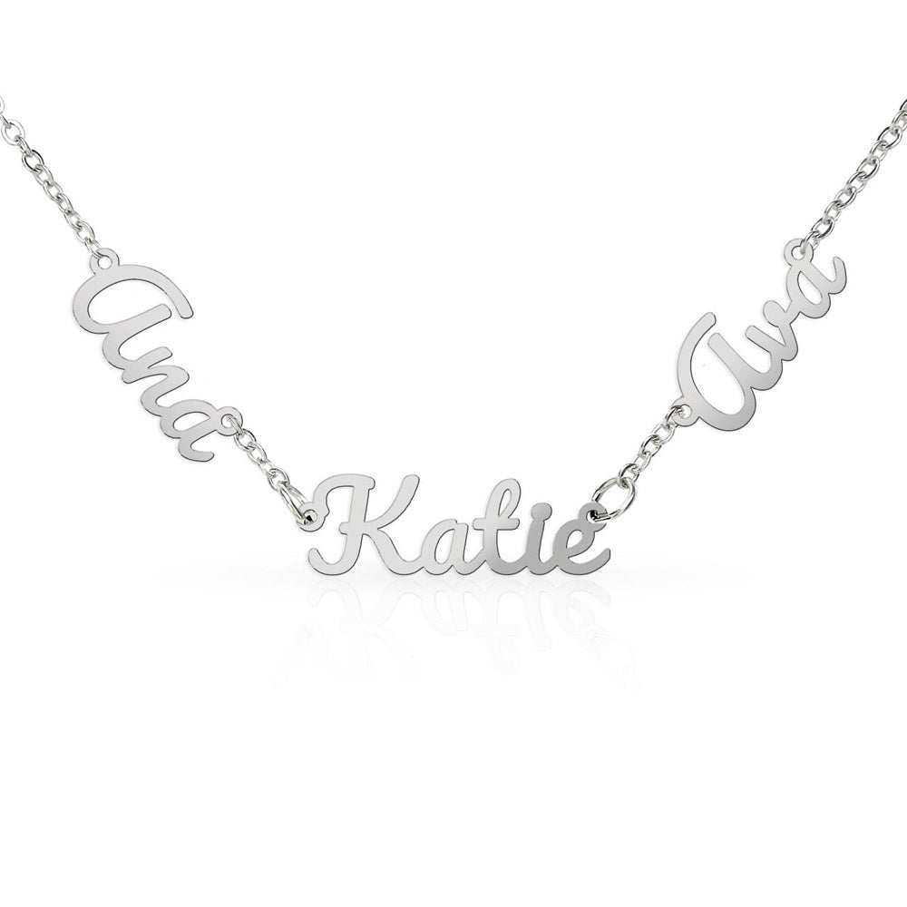Elegant Multiple Name Necklace with hand-scripted names on a delicate pendant, personalized family keepsake.