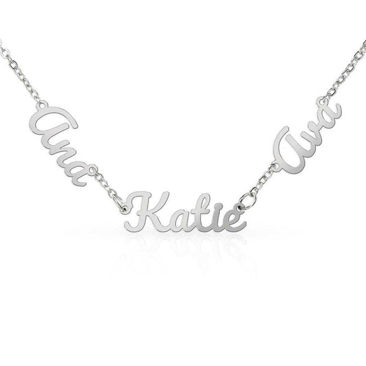Elegant Multiple Name Necklace with hand-scripted names on a delicate pendant, personalized family keepsake.