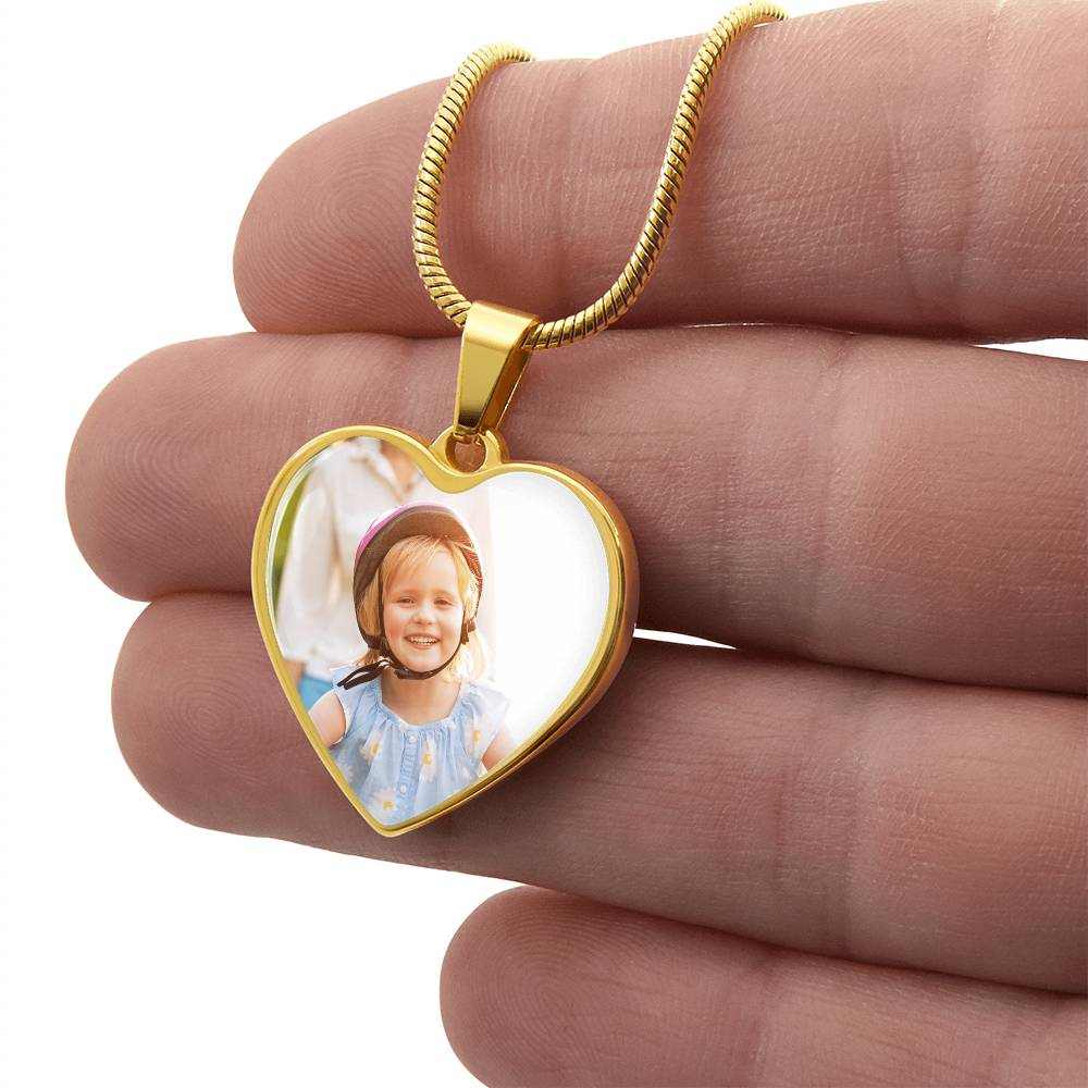 18k gold heart necklace with custom engraving and photo option on adjustable chain