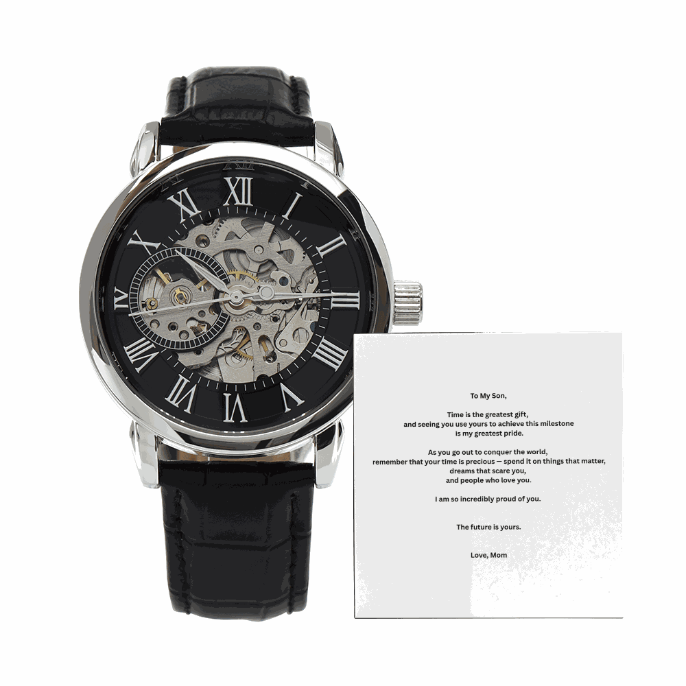 Men’s Openwork Watch with skeleton dial and black leather strap in luxury gift box for son’s milestone gift