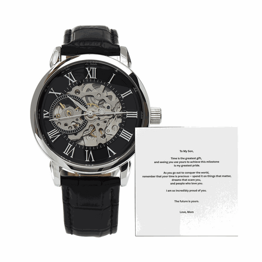 Men’s Openwork Watch with skeleton dial and black leather strap in luxury gift box for son’s milestone gift