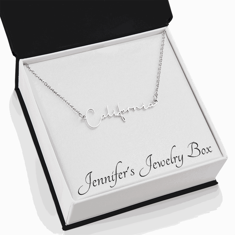 Signature Style Name Necklace in stylized font on polished metal chain with soft-touch gift box