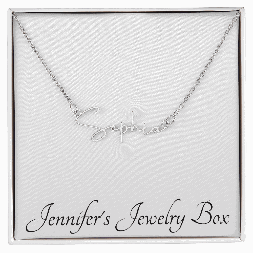 Signature Style Name Necklace in stylized font on gold chain with soft-touch gift box