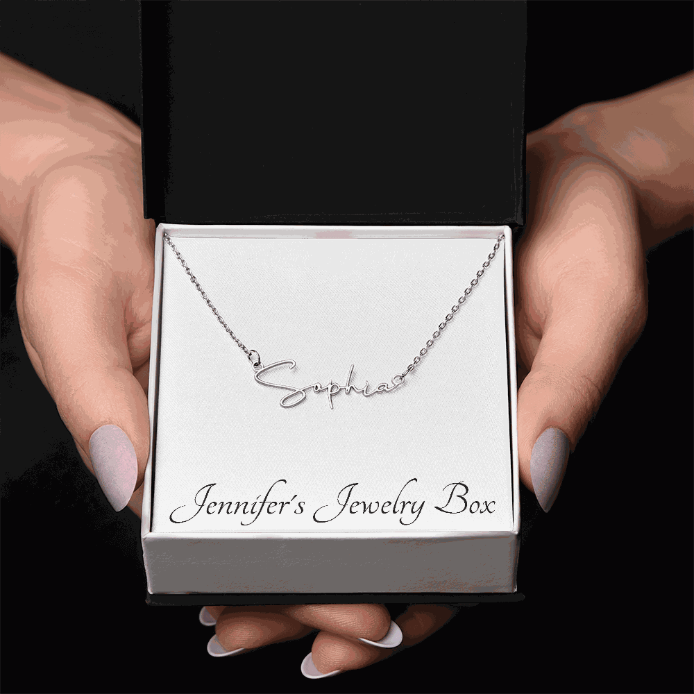 Signature Style Name Necklace in stylized font on polished chain with soft-touch gift box