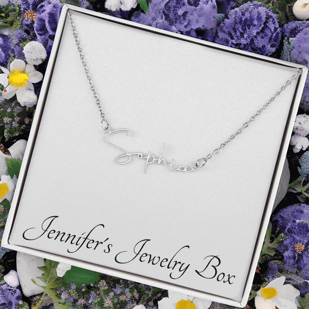 Signature Style Name Necklace custom engraved in stylized font on gold chain with gift box display