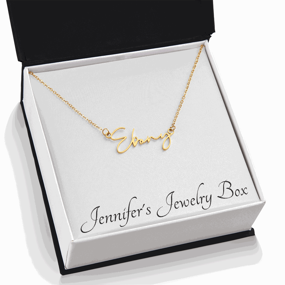 Signature Style Name Necklace in polished stainless steel with custom engraved name on adjustable chain