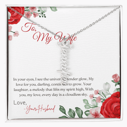 Personalized vertical name necklace in polished stainless steel with adjustable chain and lobster clasp