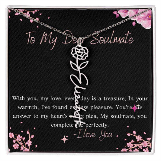 Custom Vertical Flower Name Necklace with birth flower pendant on adjustable gold chain
