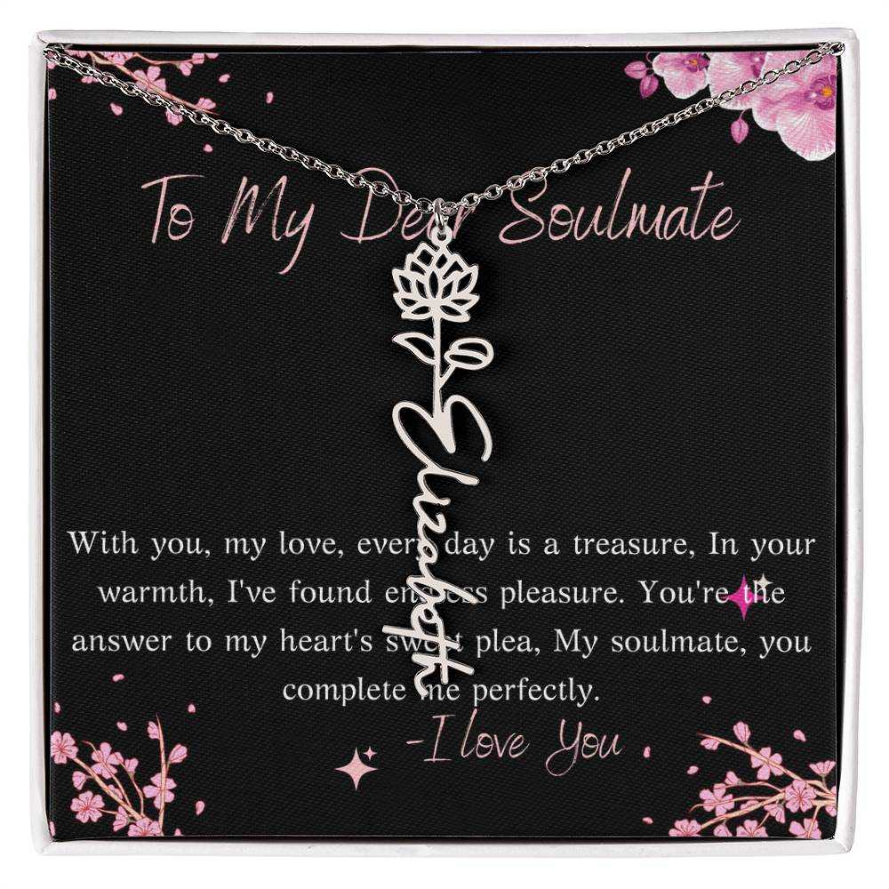 Custom Vertical Flower Name Necklace with birth flower pendant on adjustable gold chain