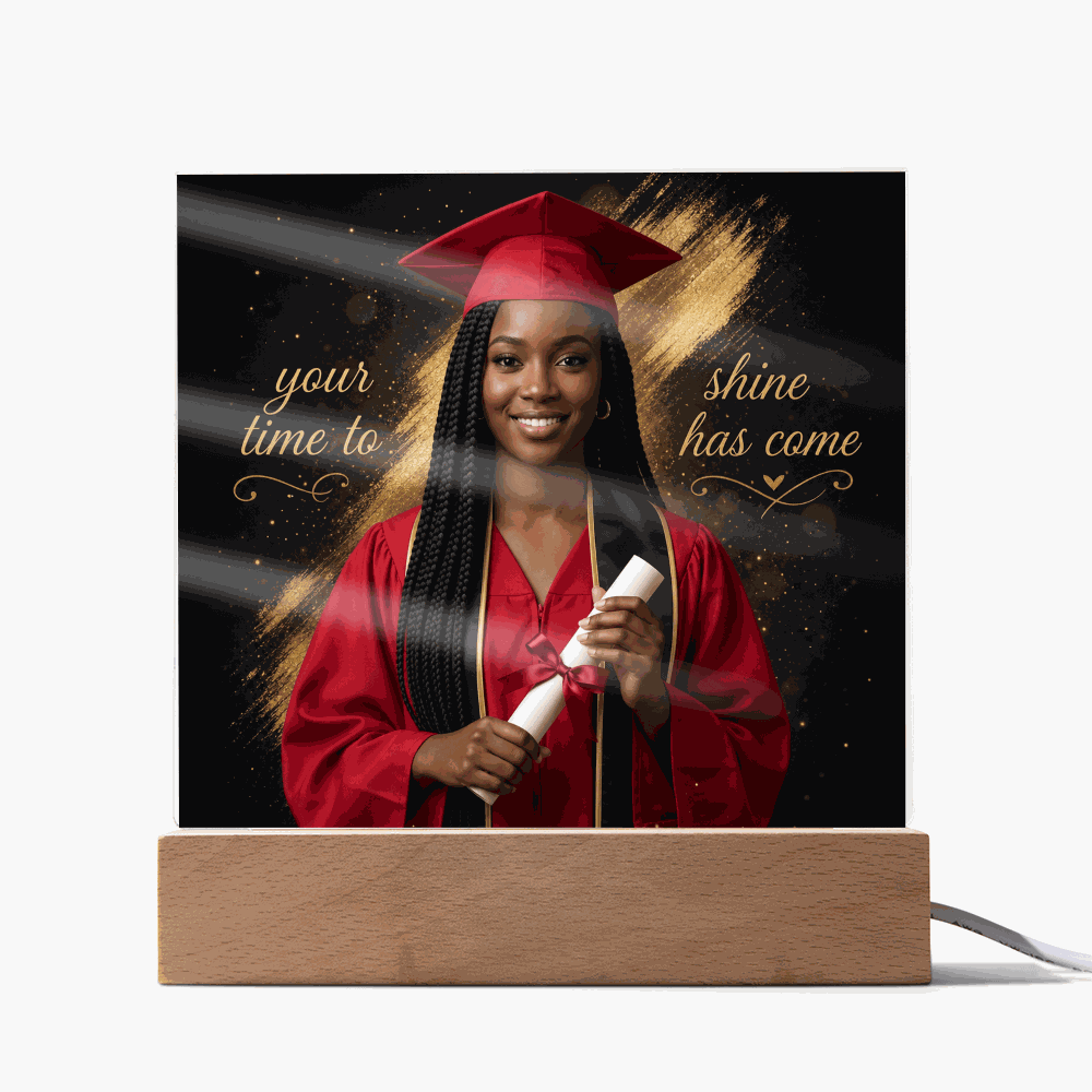 Graduate Glow Acrylic Keepsake with LED light-up wooden base displaying a vibrant engraved graduation photo