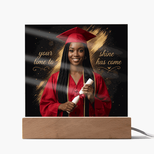 Graduate Glow Acrylic Keepsake with LED light-up wooden base displaying a vibrant engraved graduation photo