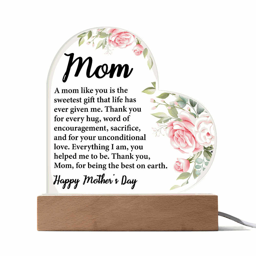 LED light up acrylic heart keepsake with floral design on wood base for Mother's Day gift