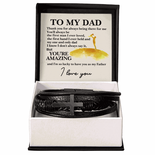 Men's black cross leather bracelet with stainless steel cross and braided vegan leather band