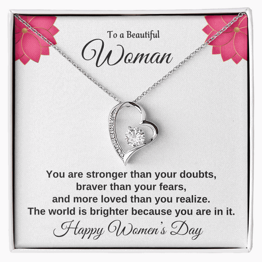 Forever Love Necklace with heart pendant and 6.5mm cubic zirconia in 14k white gold or 18k yellow gold finish