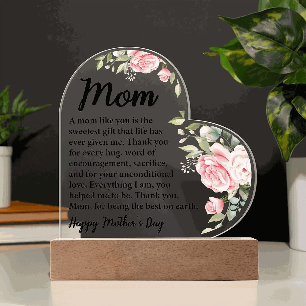 LED light up acrylic heart keepsake with floral design on wooden base