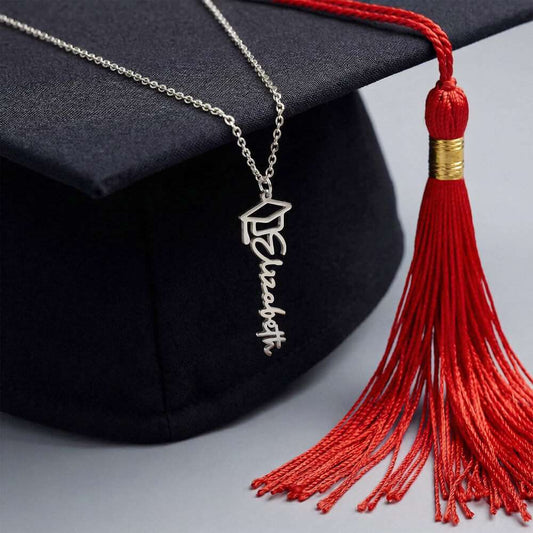Personalized Graduation Memory Necklace with name and graduation cap charm in gold or silver on adjustable chain
