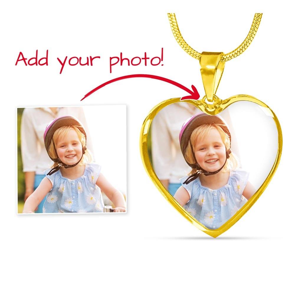 Heart necklace engraving with customizable photo and personalized text on surgical steel pendant with 18k gold finish