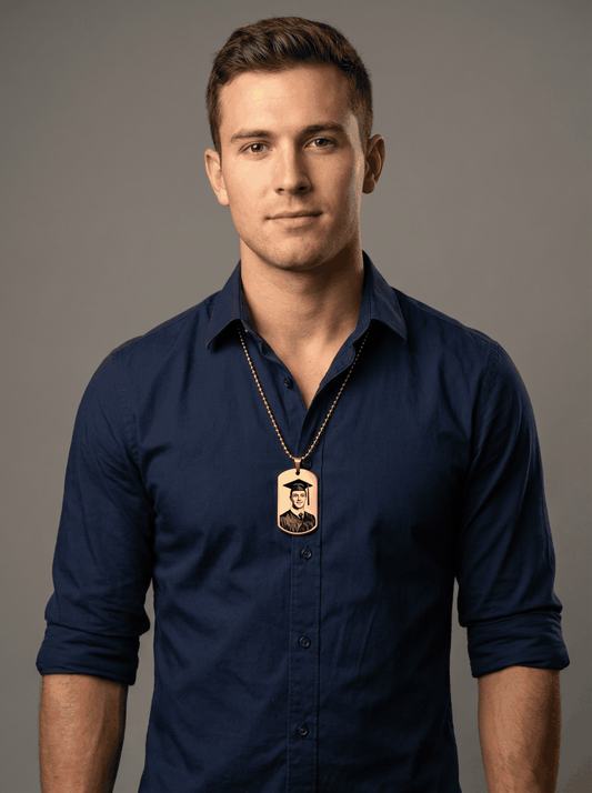 Custom Graduation Portrait Necklace with laser-engraved cap and gown portrait on polished 14k gold stainless steel dog tag