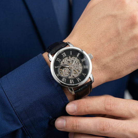 Men’s Openwork Watch with skeleton dial, black leather strap, and automatic movement gift for son milestone